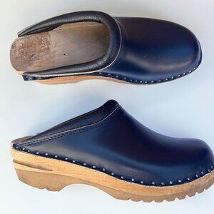 Troentorp Monet Wooden Clogs Navy Leather Slip On Size 38 US 8 Swedish Shoes